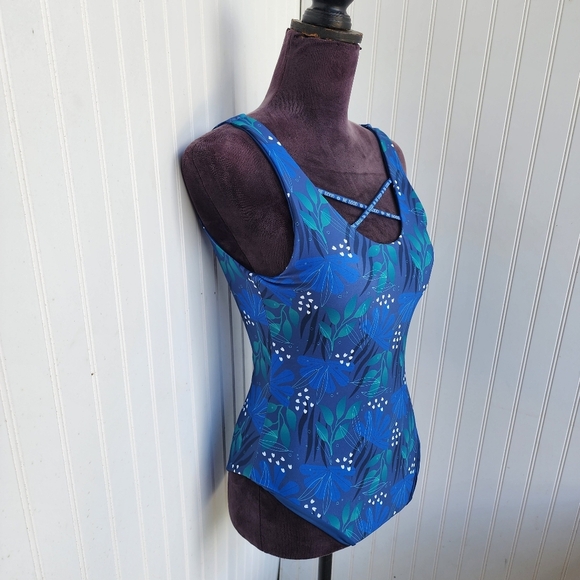 NWOT One Piece Swimsuit Navy Floral Scoop Neck Strappy Straps Lined Cups M - Picture 3 of 14